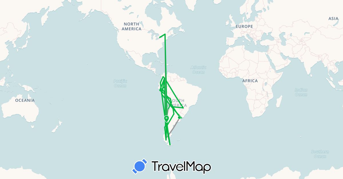 TravelMap itinerary: bus, plane in Argentina, Bolivia, Canada, Chile, Colombia, Ecuador, Peru, Uruguay (North America, South America)